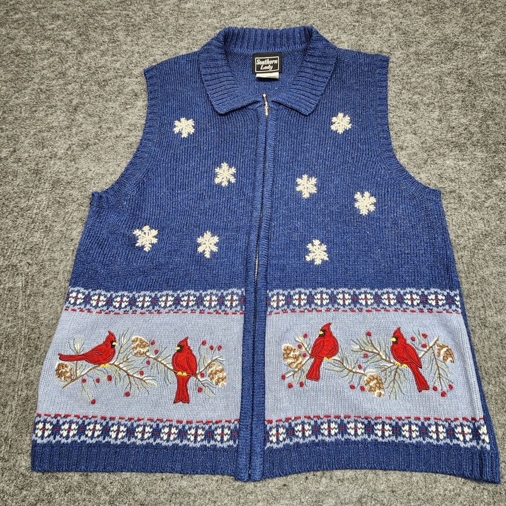 Southern Lady Womens Cardigan Sweater Vest Cardinals Winter Snowflakes Medium